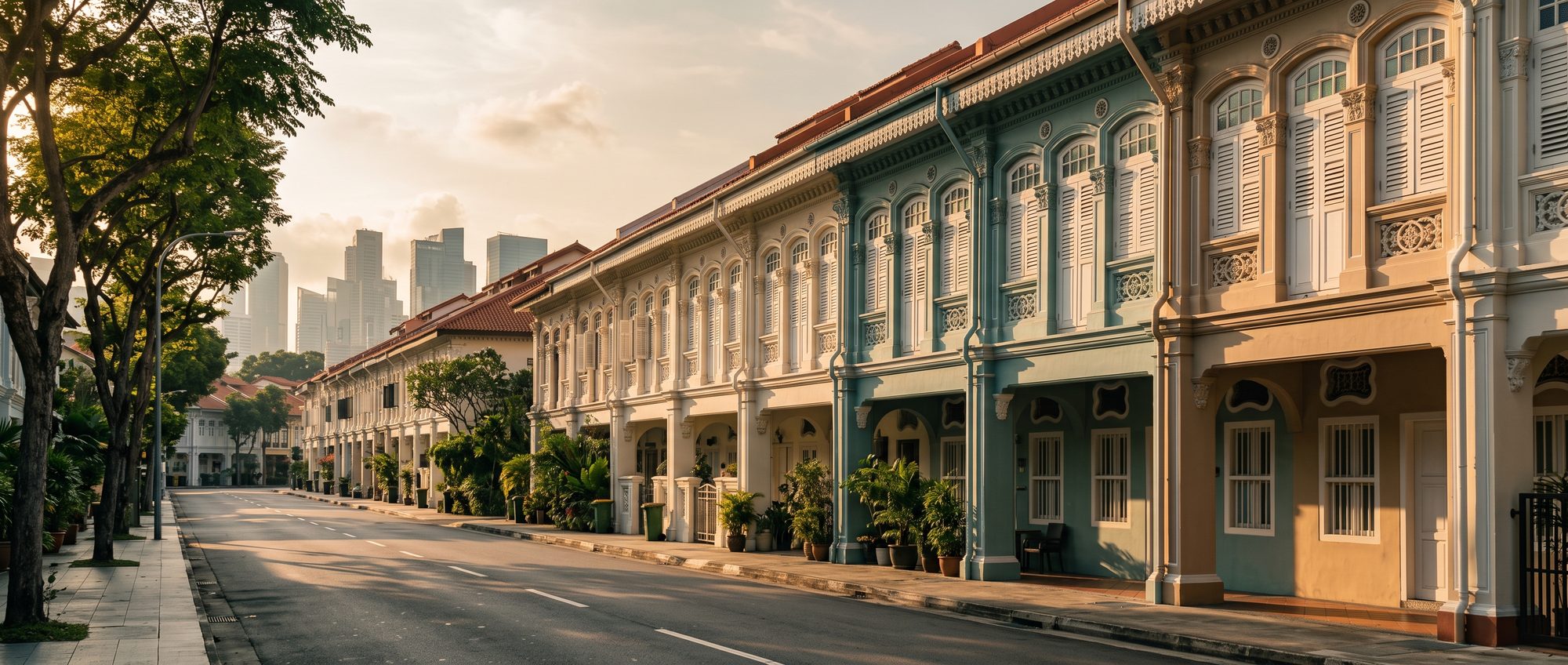 Heritage shophouses on a quiet Singapore street at golden hour, the CBD skyline in the distance
